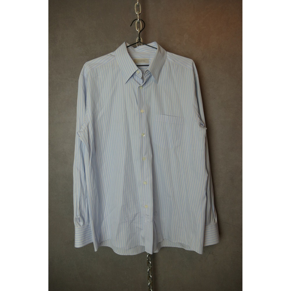 Ermenegildo Zegna Mens XL Light Blue Striped Cotton Dress Shirt Button Down